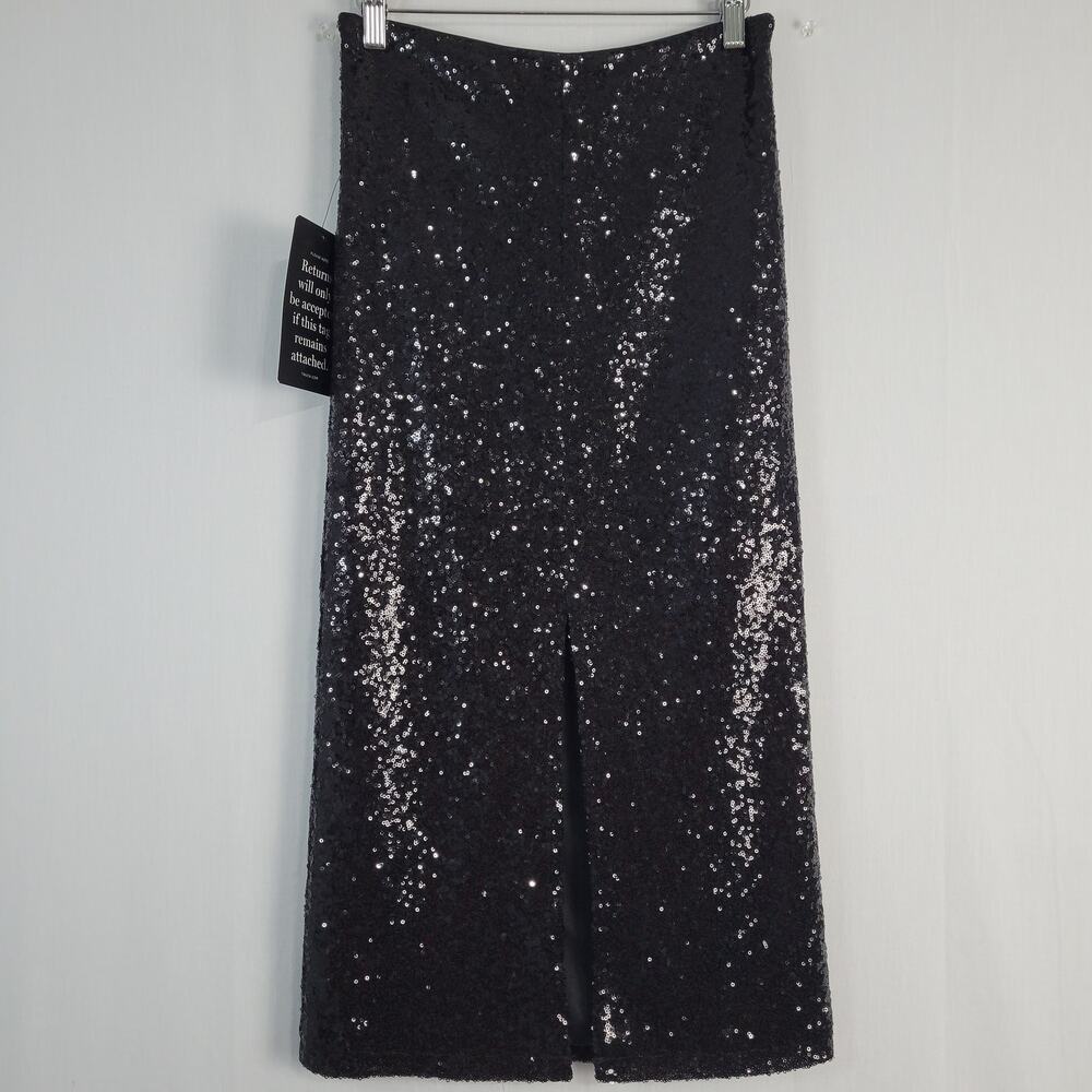Pomander Place All Over Sequin Midi Pencil Skirt size XS Black Front Slit, New